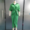 Ellafads Women Summer Dress Casual Loose Pleated Design Short Sleeve With Button Lapel Lace-Up Solid Shirt Dresses