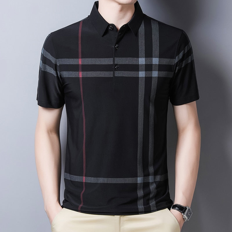 BROWON Business Polo Shirt Men Summer New Casual Loose Breathable Anti-wrinkle Short Sleeved Plaid Men Polo Shirt Men Tops