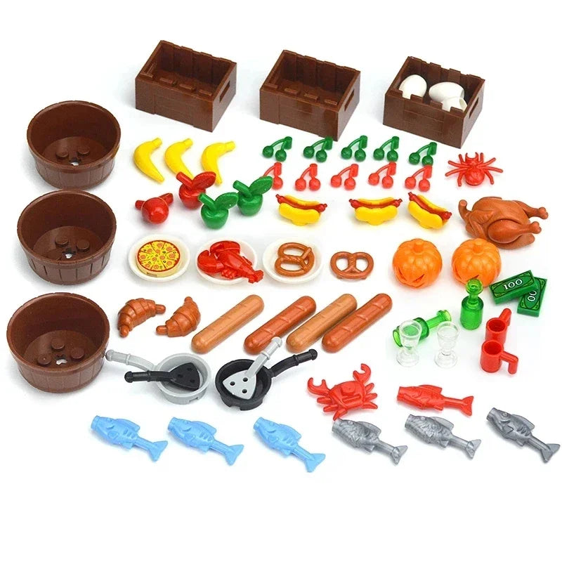 DlY Mini Food Building Block Figures Bread Fish Fruit Chicken Crab Hot Dog Cake Pizze Carrot Box Creative Toys City Parts Brick