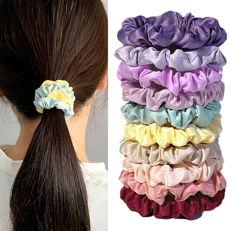 6/10Pcs/set Silk Satin Scrunchies Solid Color Hair Rope Girls Hair Accessories Ponytail Holder Small Hair Tie Summer Rubber Band