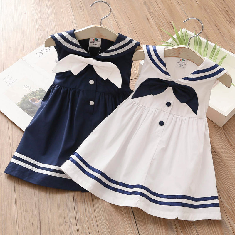 2023 Summer 2-10T Years Children Sweet Sleeveless Bow Sailor Collar Navy Blue White Patchwork Little Kids Girls Navy Vest Dress