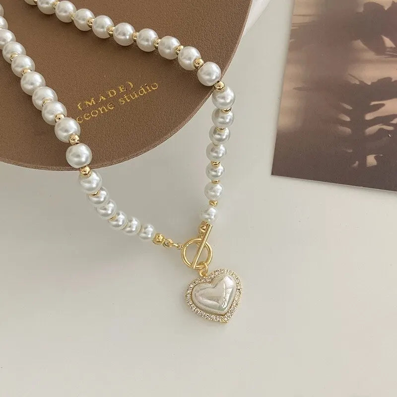 White Imitation Pearl Bead Necklace Women Crystal Stone Heart Pendant Cute Girl Jewelry Necklace Collier Femme