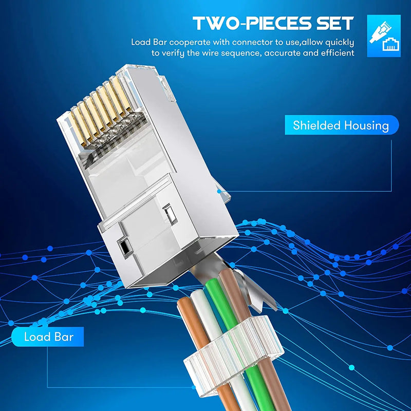 ZoeRax Shielded RJ45 Cat6A Cat7 Pass Through connectors - 3 Prong 8P8C 50U Gold Plated 2-Piece Pass Through Modular Data Plug