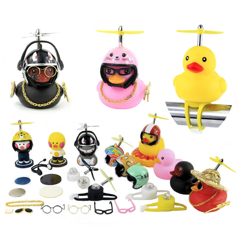 Car Bike Duck Helmet Accessories Adhesive Gold Chain Sunglasse Propeller Strap for Yellow Duck Car Dashboard Decoration Ornament