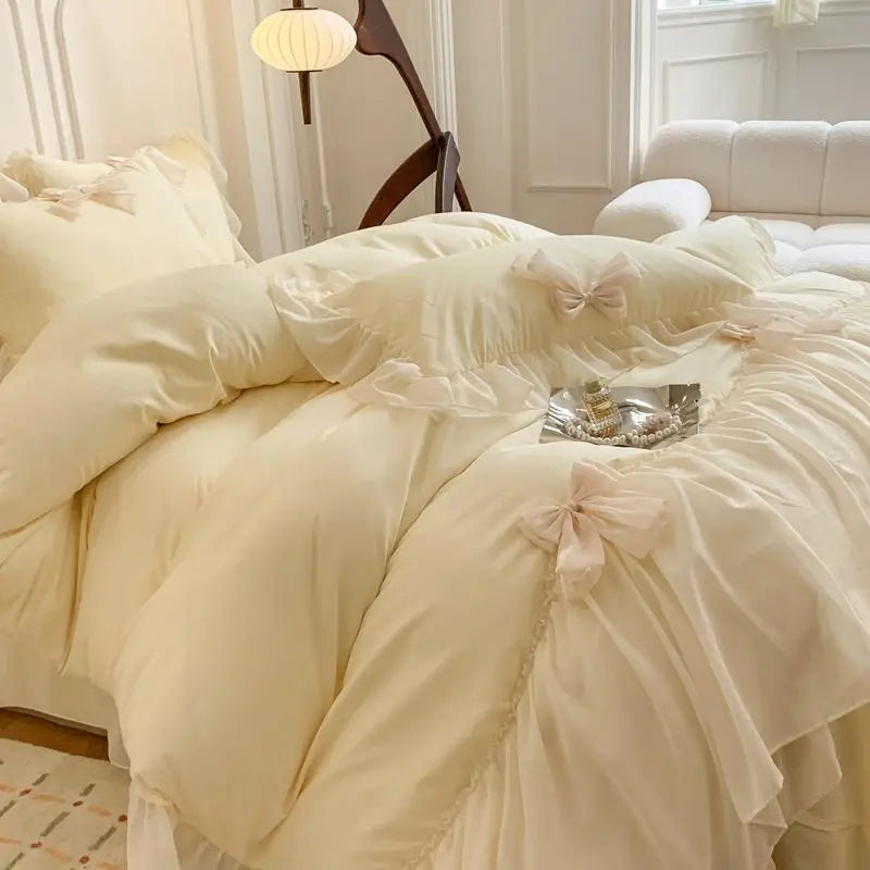 French Princess Style Bedding Sets Ruffle Lace Bow Quilt Cover Romantic Bedclothes Decor Woman Girls Bedroom Duvet Cover 4pcs