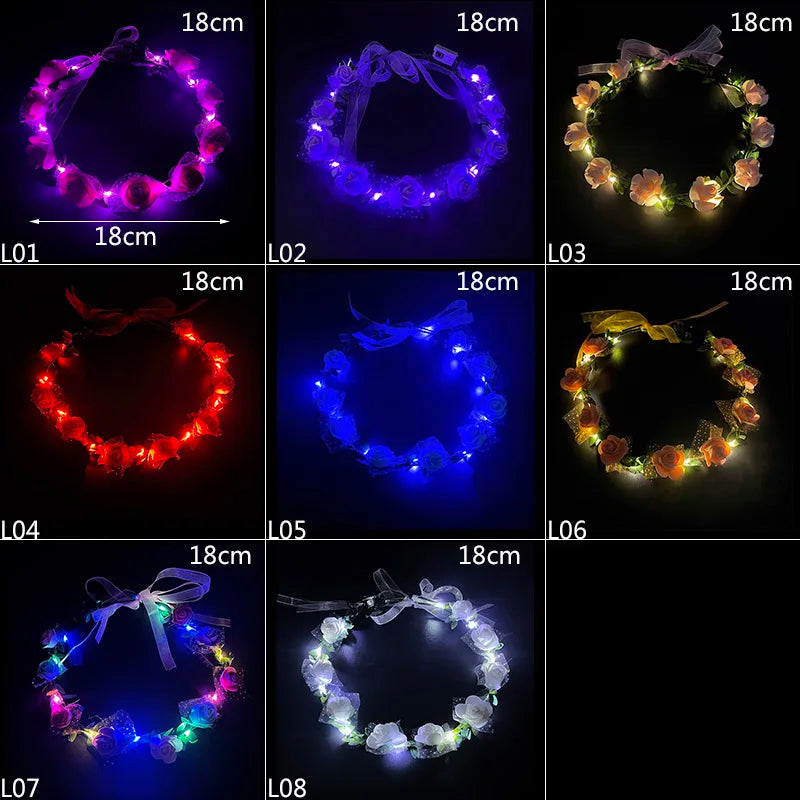 Wedding Party Crown Flower Headband LED Light Wreath Garland Decoration Women Girl Birthday Favor Luminous Hair Garland Hairband