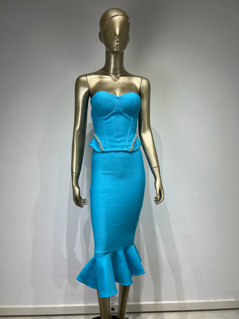 Women Summer Sexy Straples Lake Blue Beading Mermaid Midi Bandage Skirt Set 2023 Knitted Elegant Evening Club Party Dress