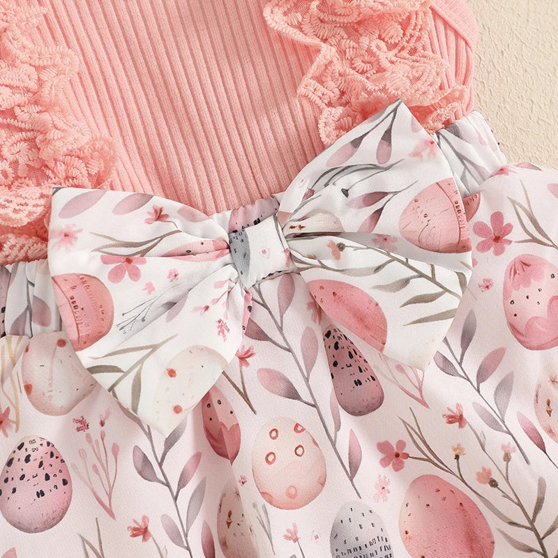 Toddler Girls Floral Print Romper Dress with Lace Ruffles and Matching Headband for Easter Celebration and Photoshoots
