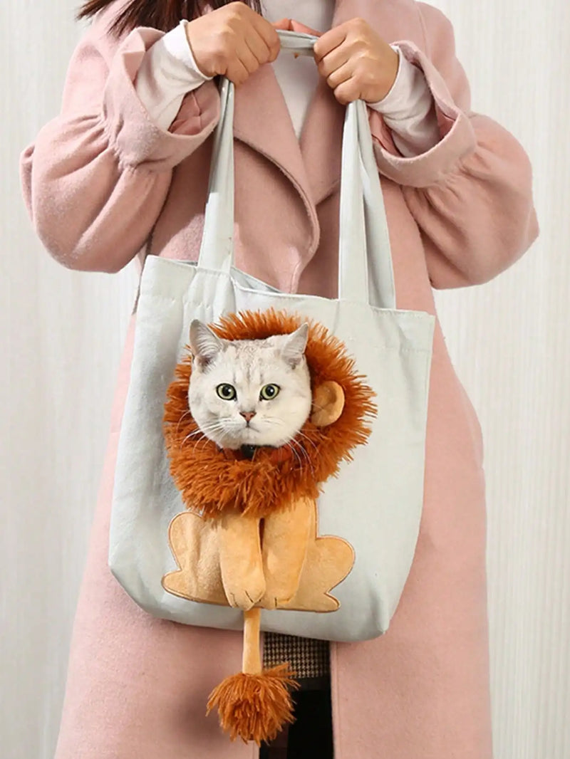 Pet Canvas Shoulder Bag Lion Shaped Cute Cat Carrier Portable  Shoulder Carrying Bag Chest Cat Bag Outdoor Cat Tote