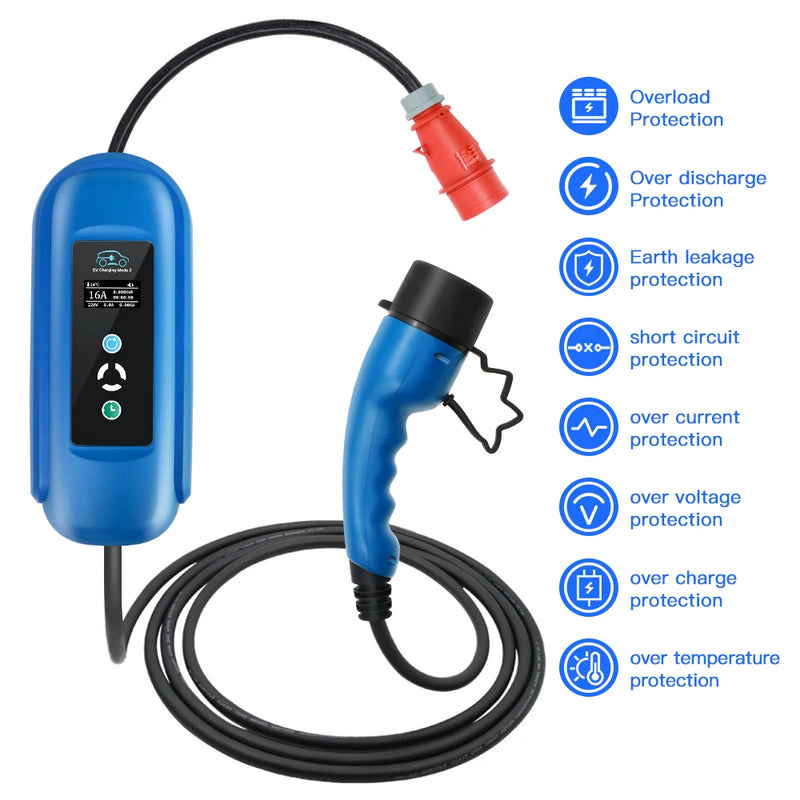 Kolanky EV Charger 16A 11KW Type 2 IEC-62169 Plug Adjust Current Timer Charging For Hybrid Eletric Vehicle Cars 5M Cable