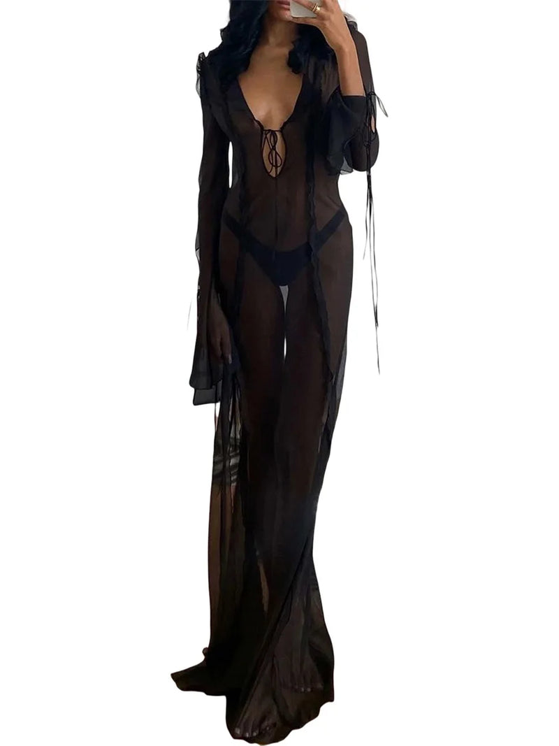 Women Y2k Sexy Sheer Mesh See Through Long Dress Gothtic Long Sleeve Bodycon Dress V Neck Tie Front Side Split Dress