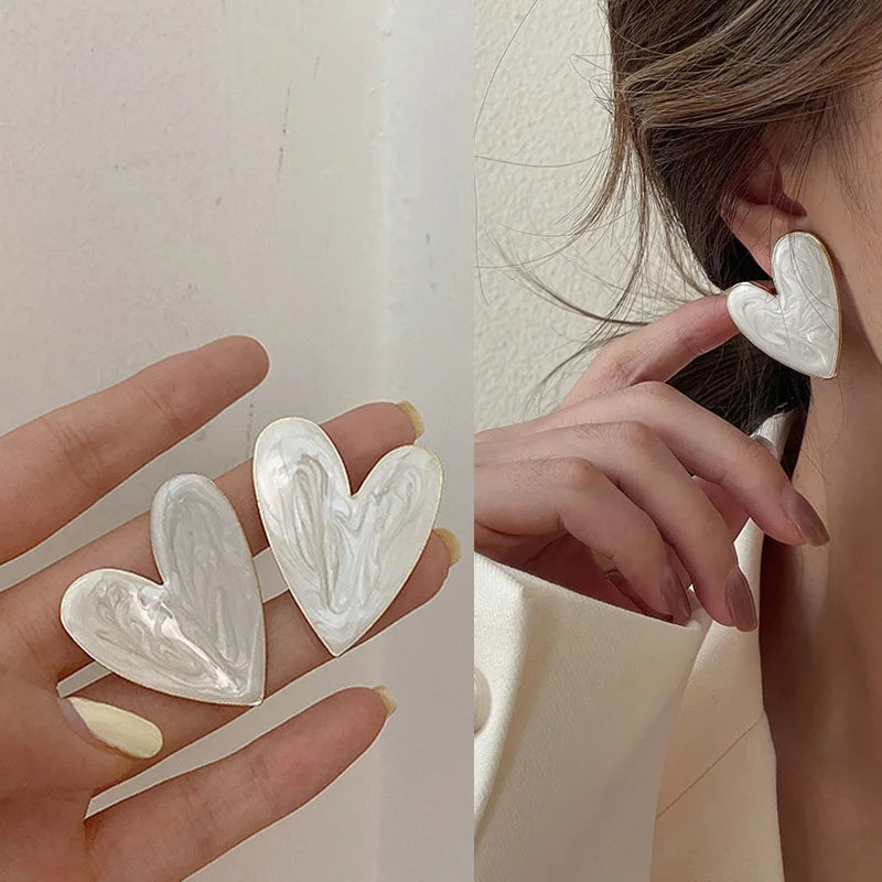 LATS White Color Big Heart Stud Earrings for Women Girl Korean Love Drop Glaze Aesthetic Daily Life Minimalist Earring Jewelry