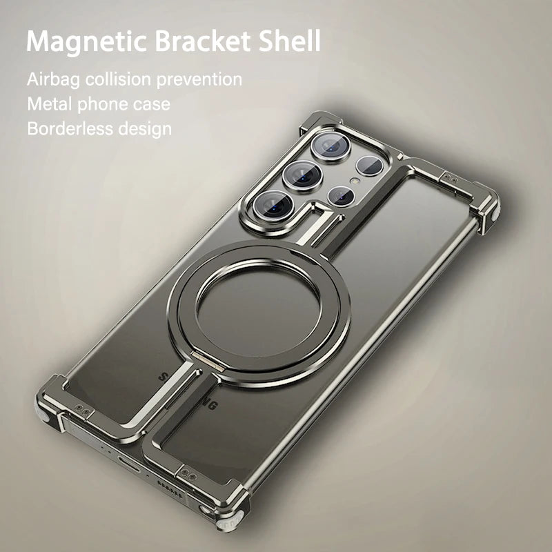 Luxury Magsafe Magnetic Metal Rimless Stand Phone Case For Samsung Galaxy S24 Ultra 24Plus Aluminum Alloy Shockproof Metal Cover