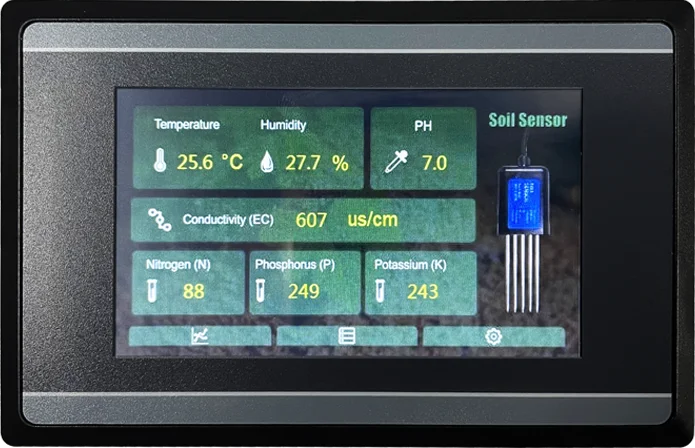 Measuring and Logging Soil Moisture Temperature Humidity EC PH NPK Sensor with HMI touch screen