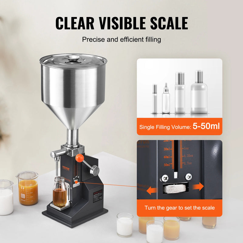 VEVOR A03 5-50ml/5-100ml Manual Liquid Filling Machine Paste Bottle Filler Adjustable with Hopper for Water Juice Shampoo Honey