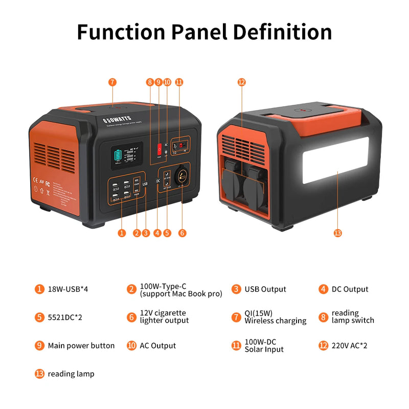 650W Portable Power Station 500W Solar Power Bank 110V Outdoor Camping Rechargeable Generator220V Backup EU NO TAX