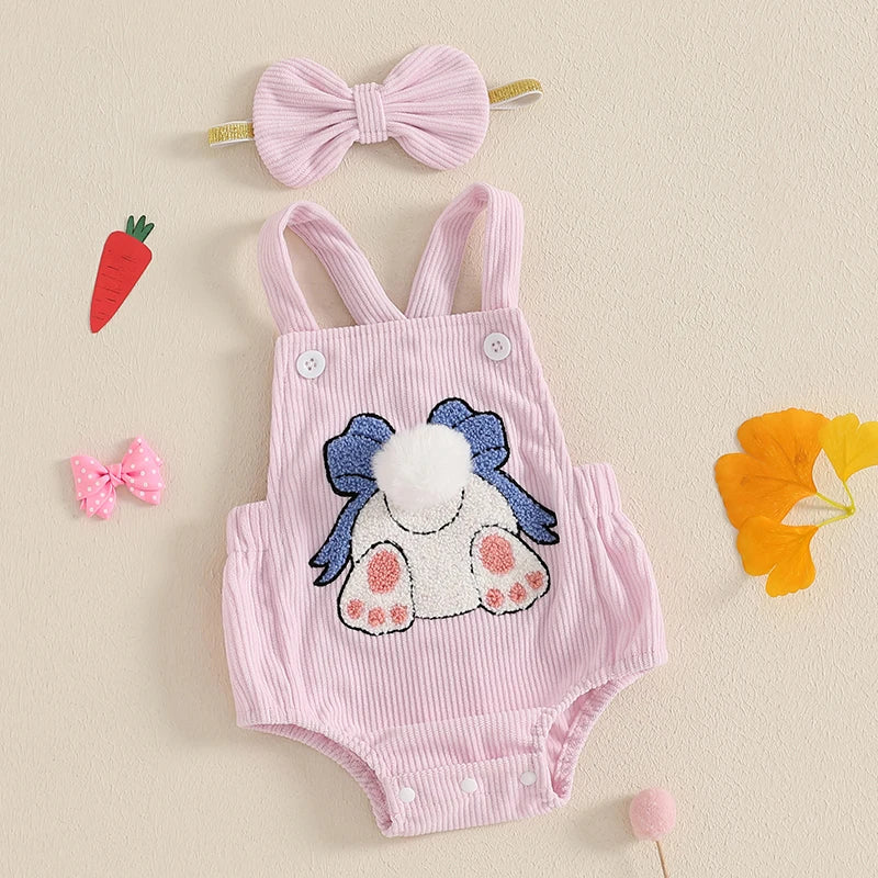 Adorable Infant Easter Jumpsuit with Bunny Applique and Matching Bow Headband for Baby Girl s First Easter Celebration