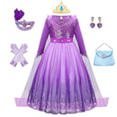 Girl Elsa Dress Princess Cosplay Purple Sequins Mesh Halloween Long Sleeves Ball Gown Birthday Party Carnival Costume