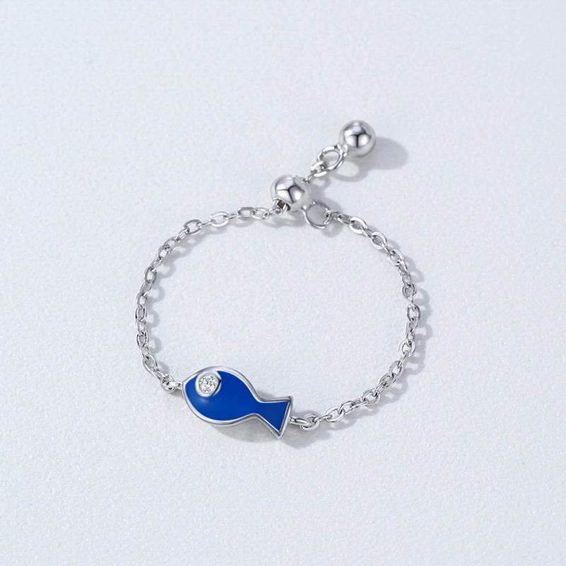 Ailmay 925 Sterling Silver Blue Enamel Lovely Small Fish Adjustable Ring For Women's Daily Wear, Parties, And Gift Giving