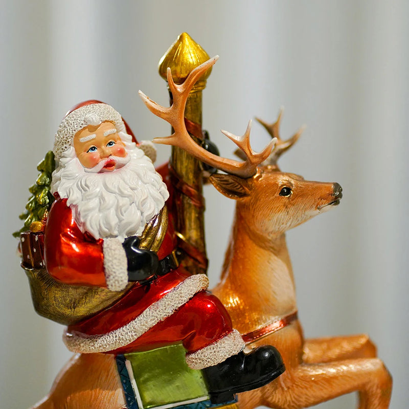 NORTHEUINS Resin Santa Claus Riding Deer Figurines for Interior Glowing Hand-Painted Decoration Christmas Dolls New Year Gifts