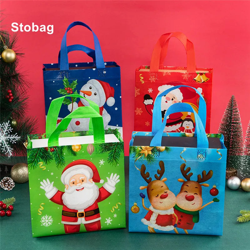 StoBag 12pcs New Year Christmas Tote Bags Gift Packaging Fabric Hnadle Santa Claus Supplies For Home Handmade Kids Party Favors