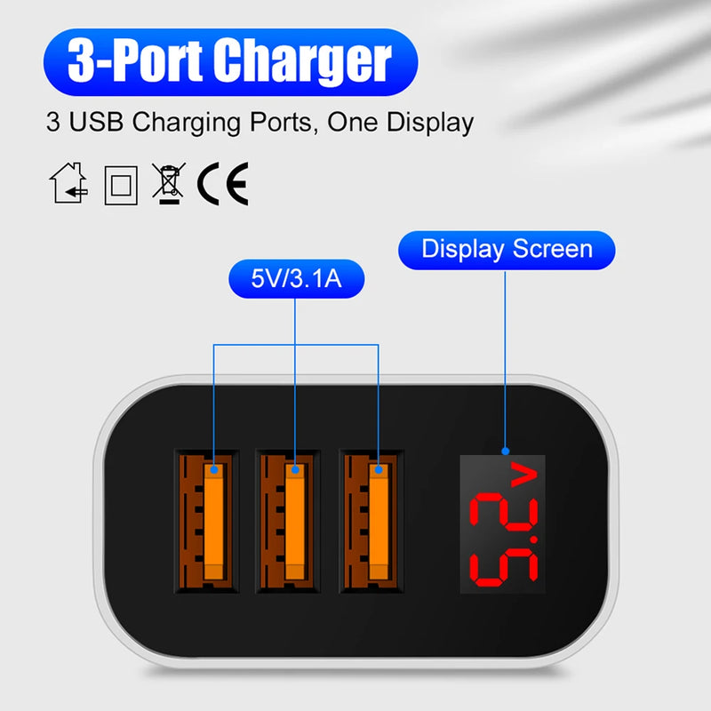 Quick charger 3 Ports Digital Display USB Charger for iPhone 13 Pro Max Xiaomi12 Samsung 5V 3A Fast Charging Wall Phone Chargers