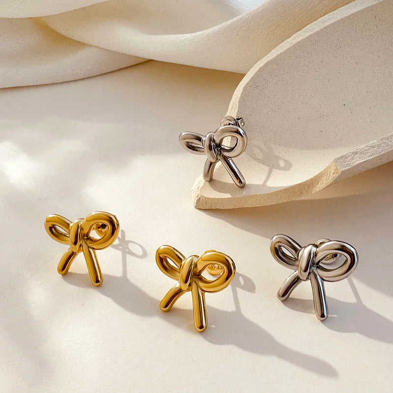 Fashion Gold Color Bowknot Earrings for Women Glossy Metal Cute Tiny Bow Studs Piercing Ear Accessories Jewelry Gift