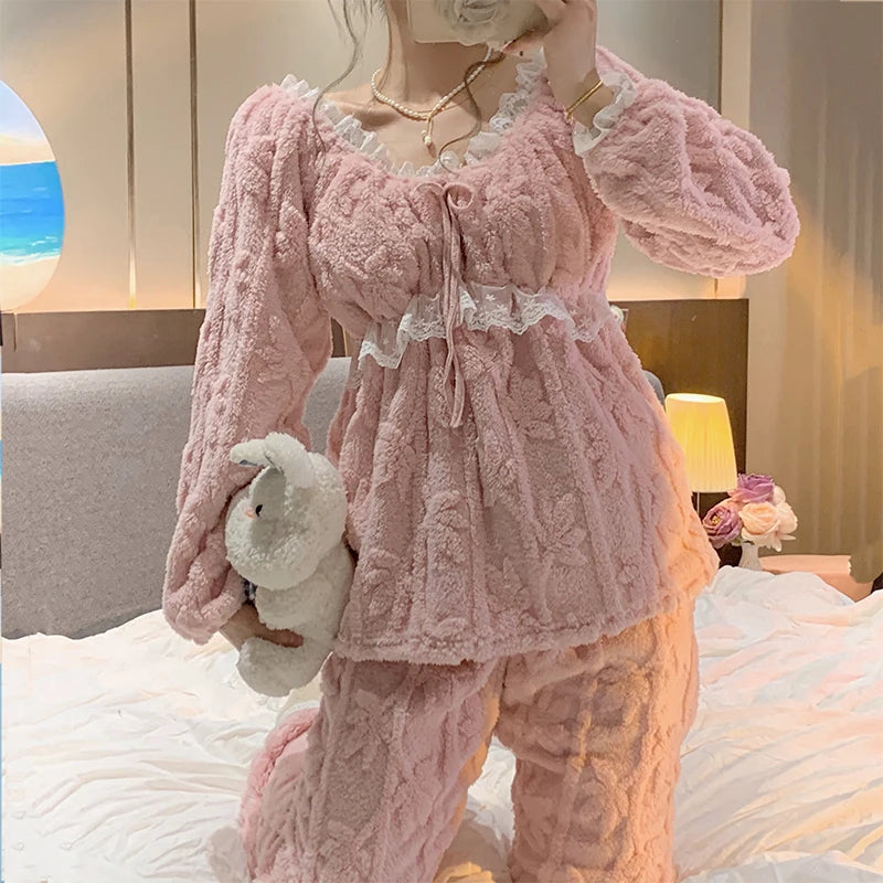 Winter New Plush Soft Warm Women's Pajamas Lace V-neck Long Sleeve 2 Piece Outfit Set Women Sweet Solid Color Princess Home Wear