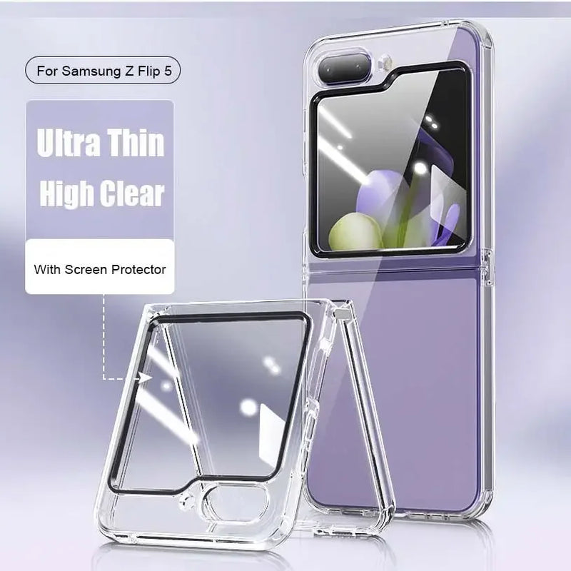 Transparent with Screen Protector Film Case for Samsung Z Flip 5 6 5g ZFlip 6 5 Shockproof Bumper Hard Cover Clear Z Flip5 Case