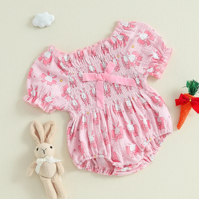 Baby Girls Rompers Easter Clothes Rabbit Print Bowknot Short Sleeve Summer Bodysuits Jumpsuits