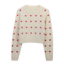 Women Fashion Heart Love Embroidery Knitted Pullover Sweater Vintage Long Sleeves O-Neck Female Chic Lady Tops C-153