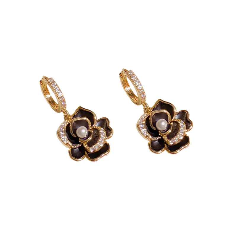 Fashionable black camellia earrings pearl zircon ear rings with oil drop 2024 new trendy and luxury earrings