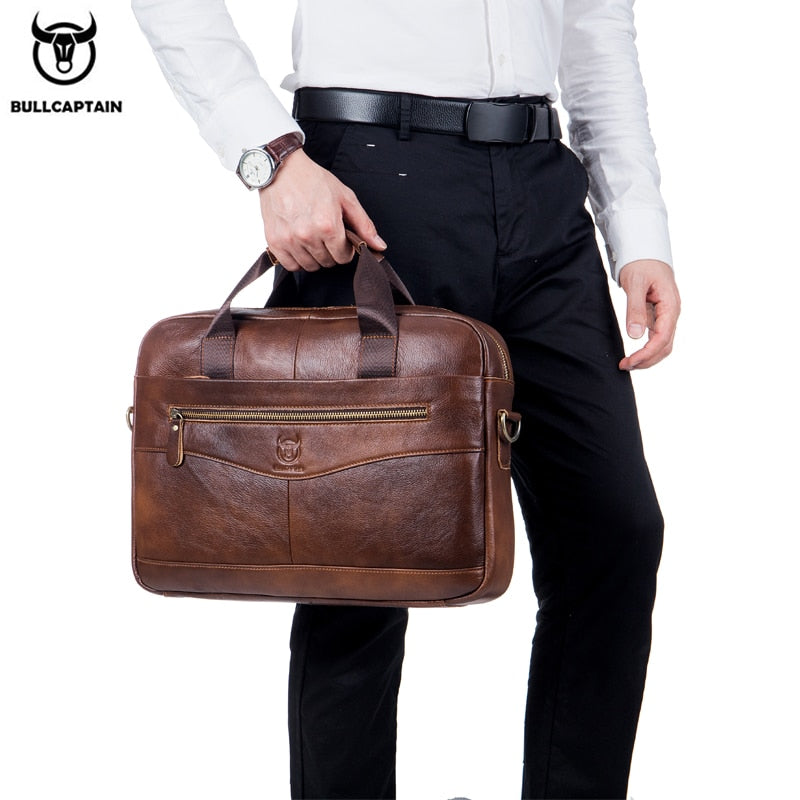 BULLCAPTAIN New Cowhide Men&#39;s Business Briefcase/Leather Retro Men&#39;s Messenger Bag/Large Capacity Leisure Business Bag/Handbag