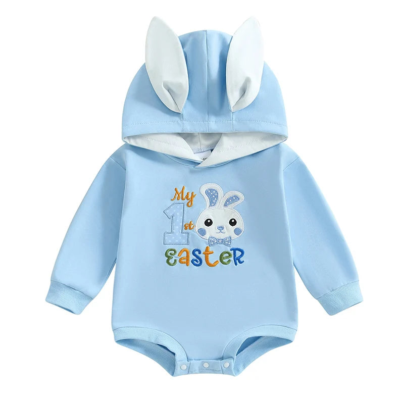 Adorable Baby Easter Bunny Hooded Romper with Long Sleeves and Embroidered Letter Detail for Infant Girls