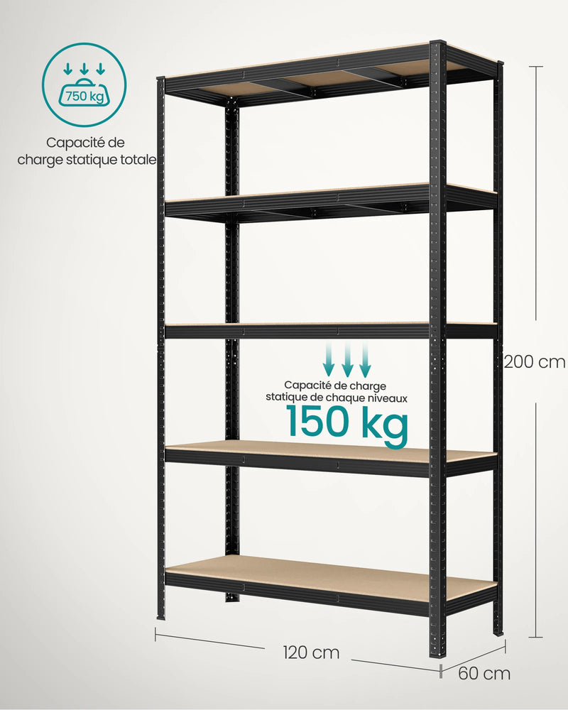 5-Tier Heavy Duty Shelving Unit, Screwless Mounting, 750 kg Capacity, 60 x 120 x 200 cm