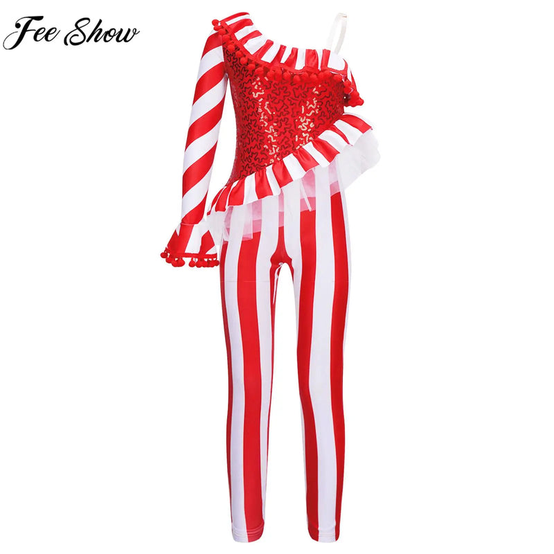 Kids Girls Christmas Jumpsuit Ballet Gymnastics Leotard Sequin One Shoulder Striped Bodysuit Halloween Circus Cosplay Costume