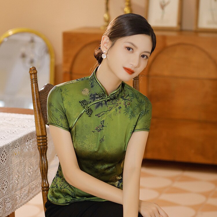 Traditional Chinese Print Flower Women Tang Coat Tops Sexy Slim Shirt Soft Silk Satin Blouse Vintage Classic Clothing Plus Size