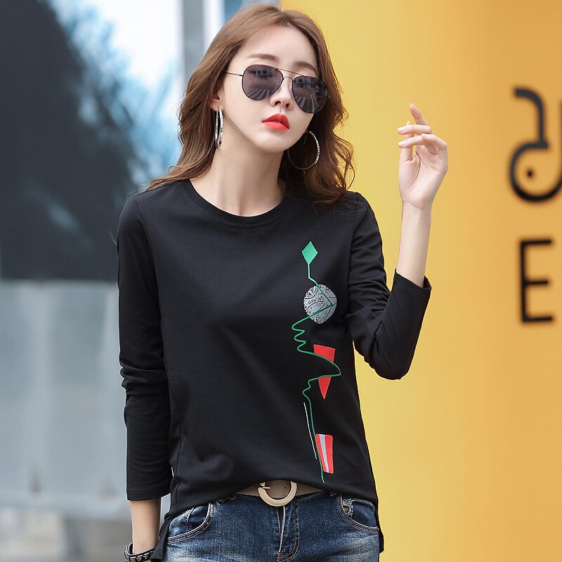 shintimes Print Tshirt Cotton T Shirt Women Korean Clothes 2022 Autumn T-Shirts Womens Long Sleeve Woman Tops Tee Shirt Femme