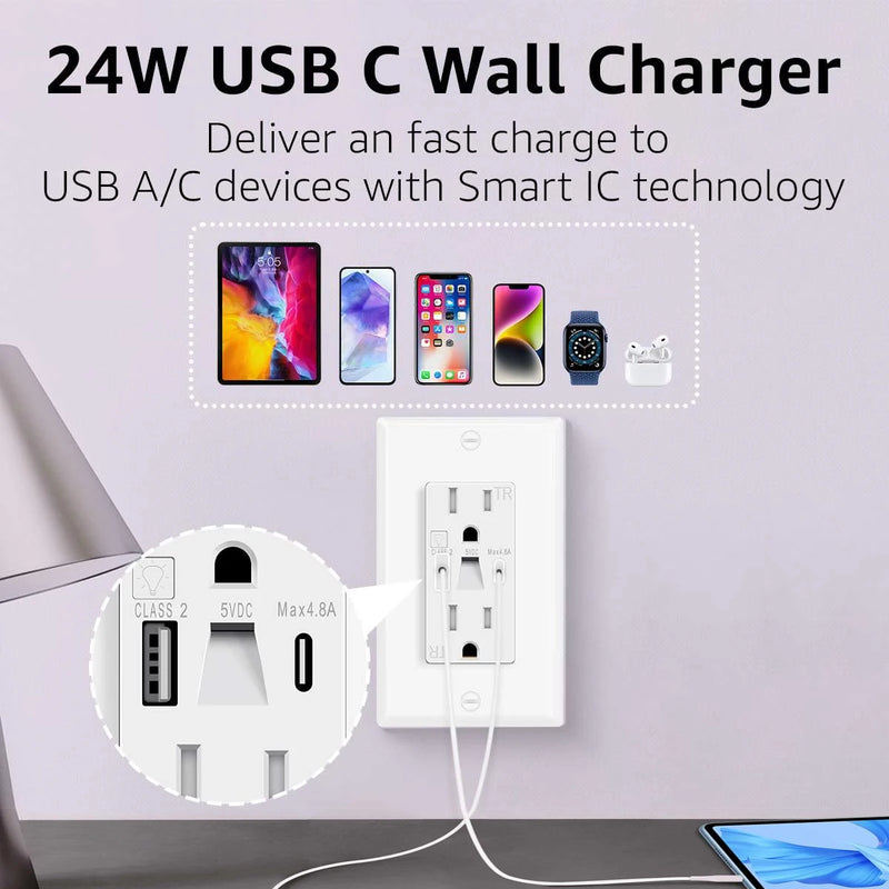 LED Night Light Outlet with 24W USB C+A Fast Charging, 4.8A, On/Off Switch