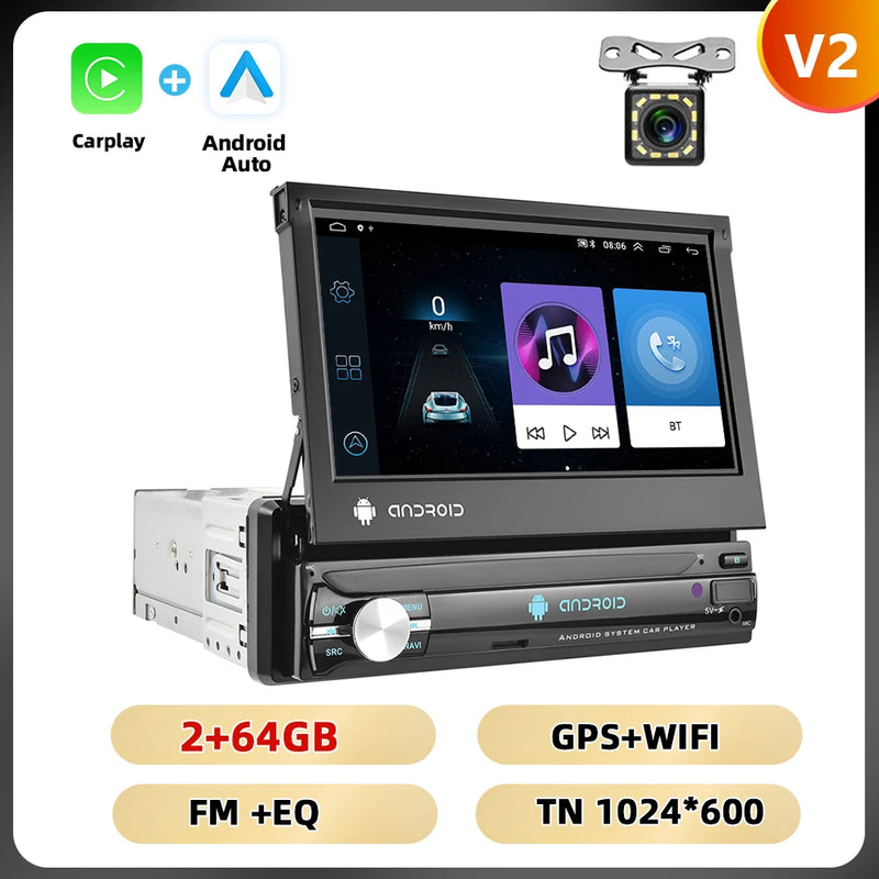 Podofo 1Din 7 ''Car Multimedia Player 8 + 128G 8Core Car Radio Carplay Android Car WIFI GPS Navigation Retractable Screen Stereo