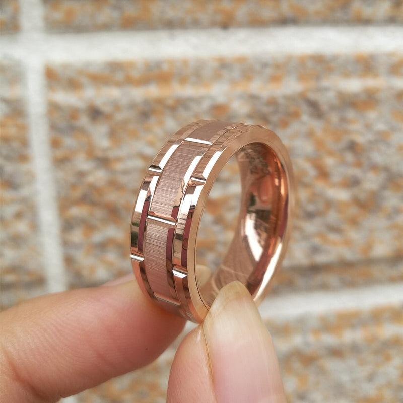 Newshe Men's Tungsten Carbide Ring 8mm Rose Gold Color Brick Pattern Brushed Bands for Him Wedding Jewelry TRX080