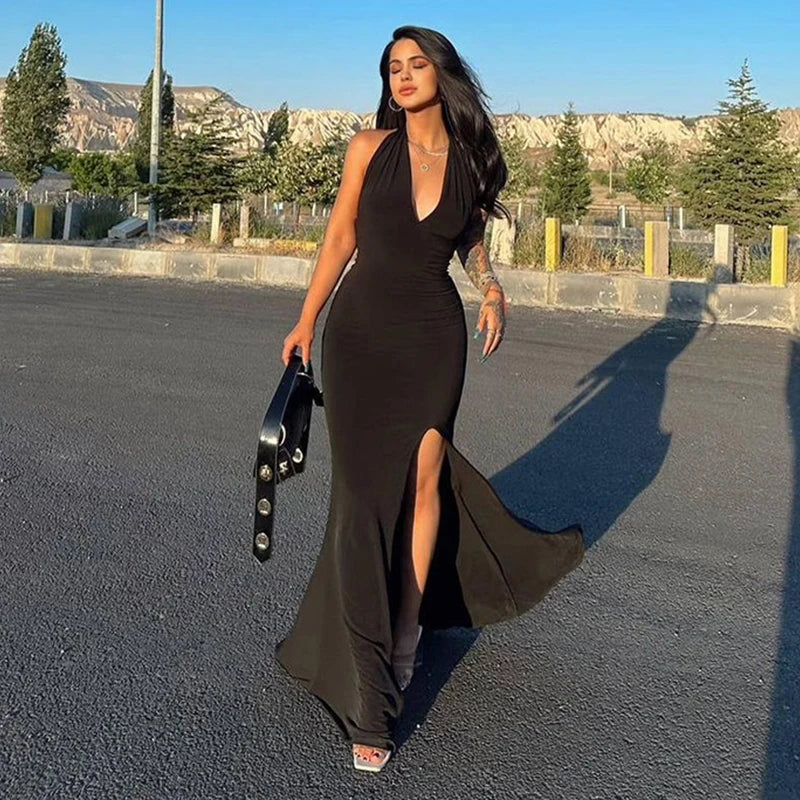 Sexy Black Maxi Dress Women Summer New Backless Sleeveless Halter Split Dress Simple Solid Fashion Clubwear Elegant Party Dress