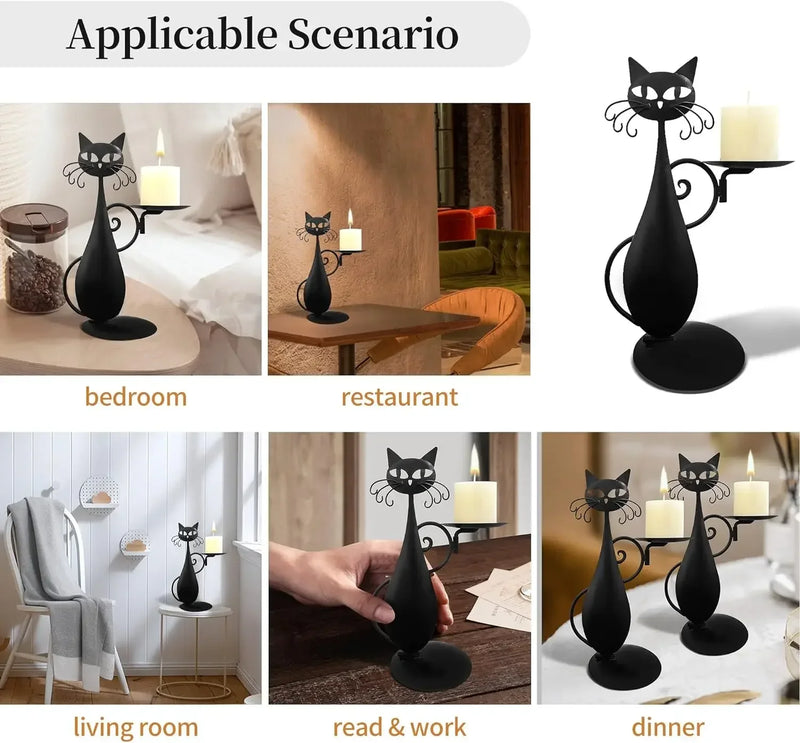 Black Cat Candlestick for Cylindrical/LED Flameless Candle Vintage Home Metal Decorative Candle Holder Table Decorations