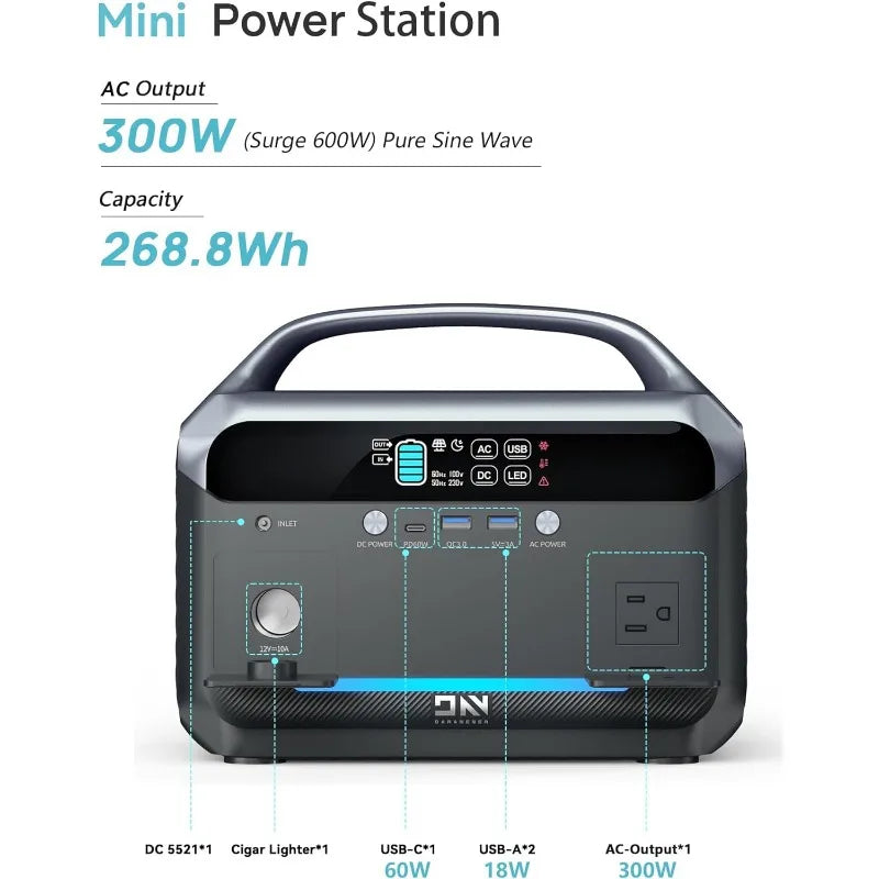 Portable Power Station 300W,268.8Wh (600W Surge) LiFePO4 Solar Generator with USB-C PD60W, 110V Pure Sine Wave AC Outlet