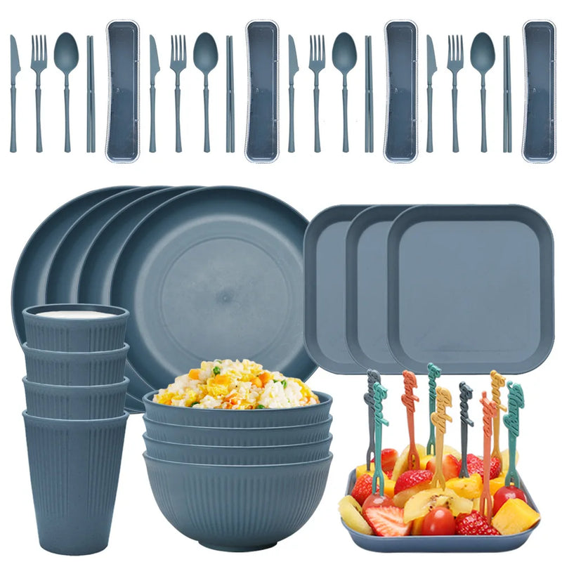 48pcs Plate Sets Wheat Straw Eco-Friendly Ramen Bowl Tableware Dinner Dishes Set Camping Tableware Set With Knife Fork Spoon