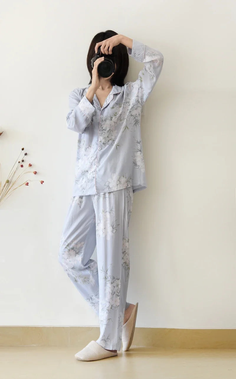 Japanese style new spring and summer women's pajamas Viscose fiber silk long-sleeved trousers suit flower printing home service