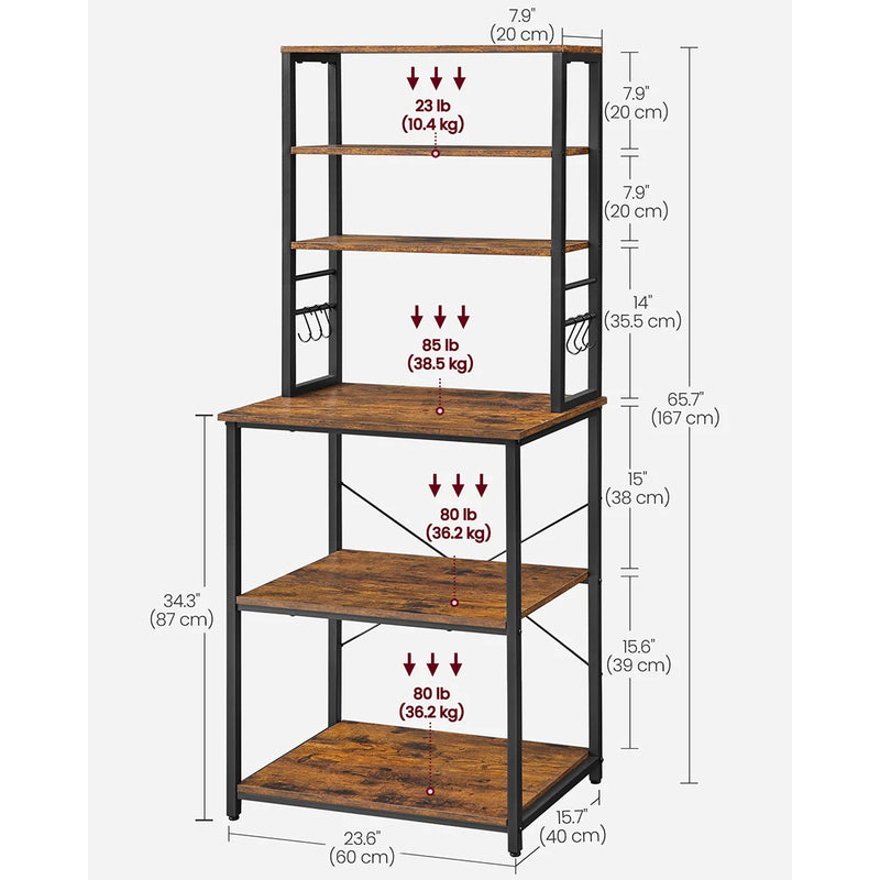 VASAGLE Kitchen Storage Rack, Coffee Bar, Baker s Rack, Total 6 Shelves and 6 Hooks, for Microwave, Steel Frame, 40 x 60 x 167cm