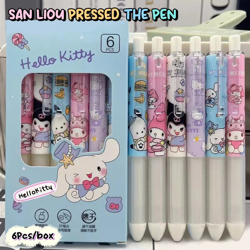 1/6Pcs/box Kawaii Sanrio Gel Pens Cute Kuromi Hello Kitty Melody 0.5mm Black Ink Press Water-based Pen Office Signature Pen