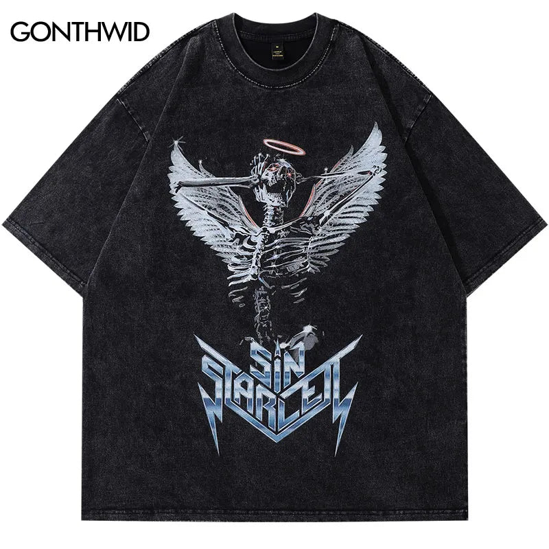 Vintage Streetwear T-Shirt Hip Hop Skeleton Skull Angel Wings Graphic Print Oversized Tshirt Harajuku Punk Gothic Oversized Tops