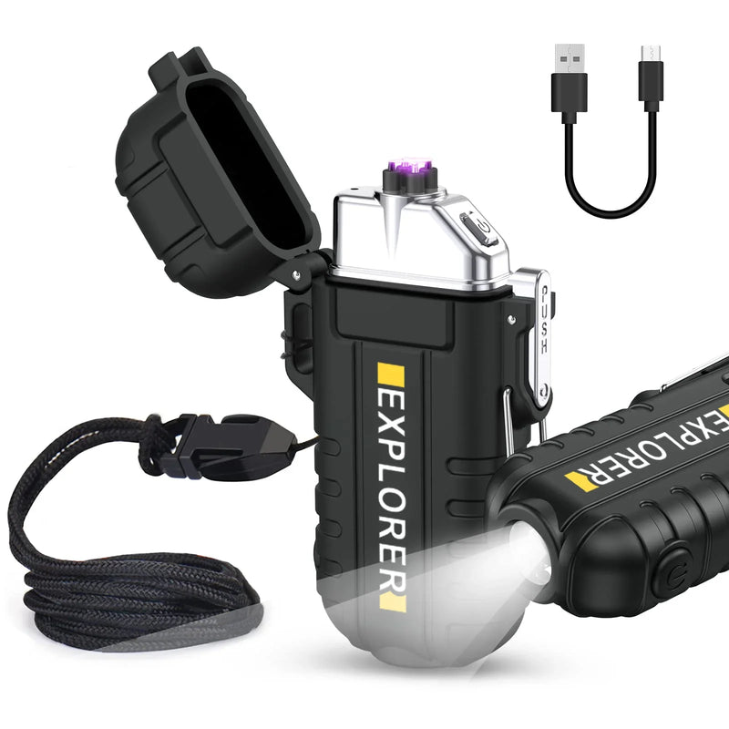 Waterproof Plasma Lighter with flashlight Custom Windproof Arc Lighter Outdoor Usb Lighter Survival Whistle and Lanyard